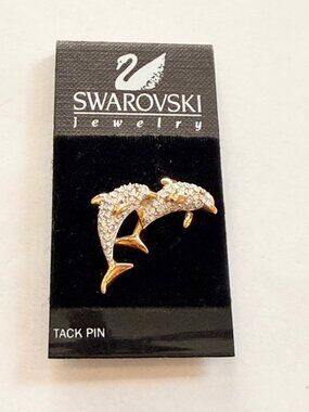 Swarovski Two Dolphin Gold-Tone Crystal Tack Pin Jewelry 1.4 Inches Made In Thai